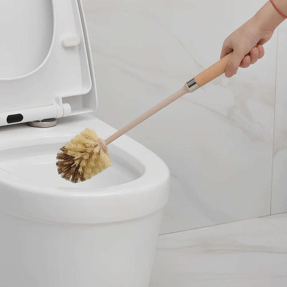 Wooden toilet brush with 360 degree bristles and natural beech handle for bathroom cleaning