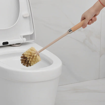 Wooden toilet brush with 360 degree bristles and natural beech handle for bathroom cleaning