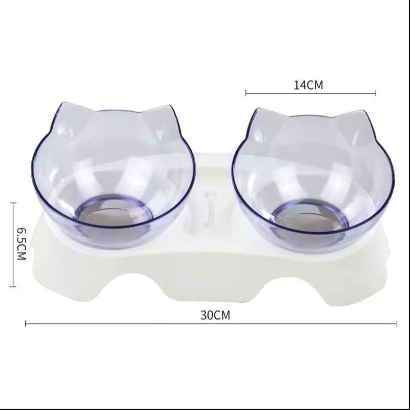 Double bowl cat food bowl with 15° tilt for cervical protection, transparent design with cute cat face