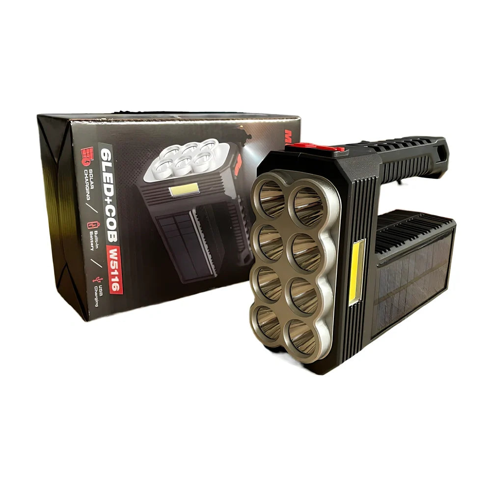 Solar USB rechargeable flashlight with 8 LED heads, aluminium alloy body, rubber switch, and side COB light