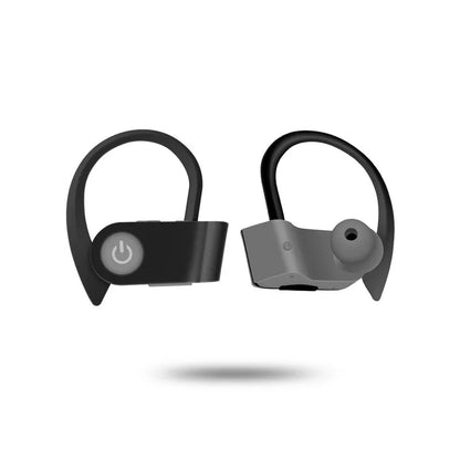 Black wireless Bluetooth earphones showing ergonomic design and LED indicator lights