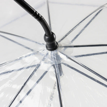 Adjustable transparent pet umbrella with C-shaped handle and retractable middle bar for customized rain protection