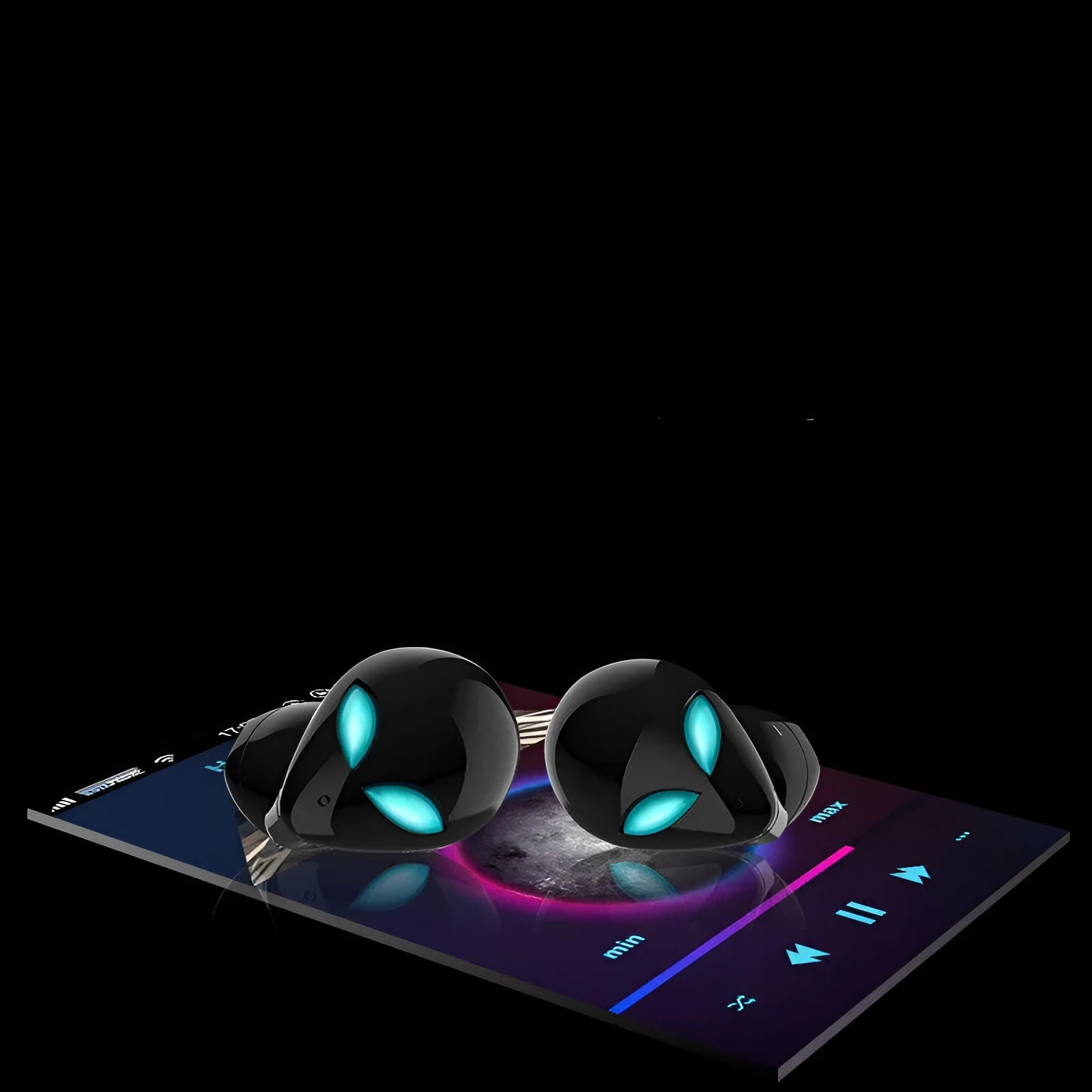 Creative Outer T8 Starman alien design Bluetooth headset and charging case in black or white.
