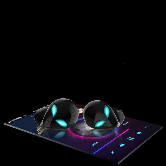 Creative Outer T8 Starman alien design Bluetooth headset and charging case in black or white.