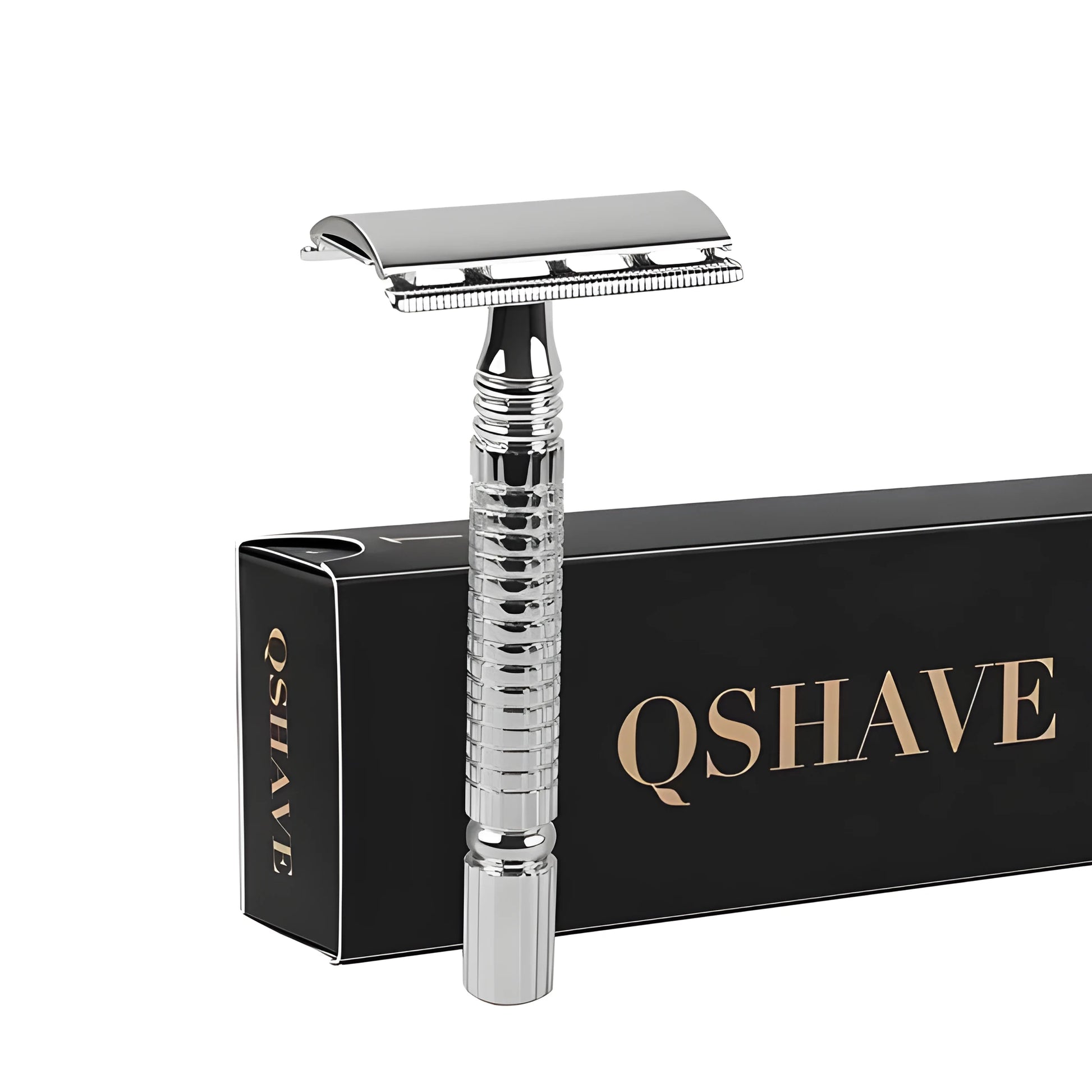 Chrome-plated double-edged safety razor with textured brass handle and storage box.