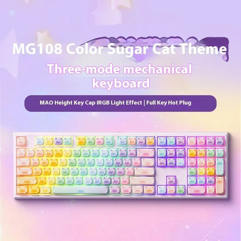 Coloured sugar cat themed Bluetooth mechanical keyboard with 108 keys on a desk.