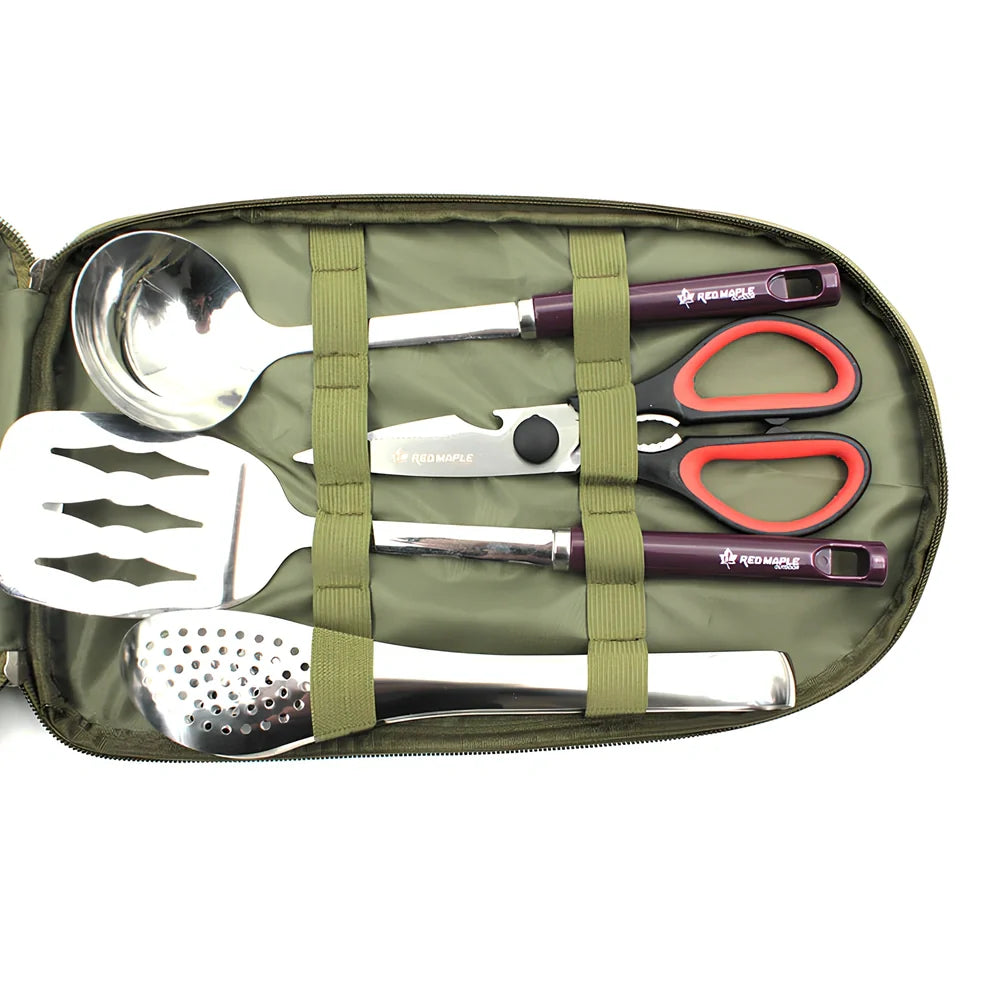 8-piece camp kitchen cooking utensil set with stainless steel tools in Oxford fabric storage bag