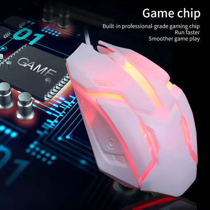 Wired computer mouse with luminous glow in black or white, showing USB cable and three buttons