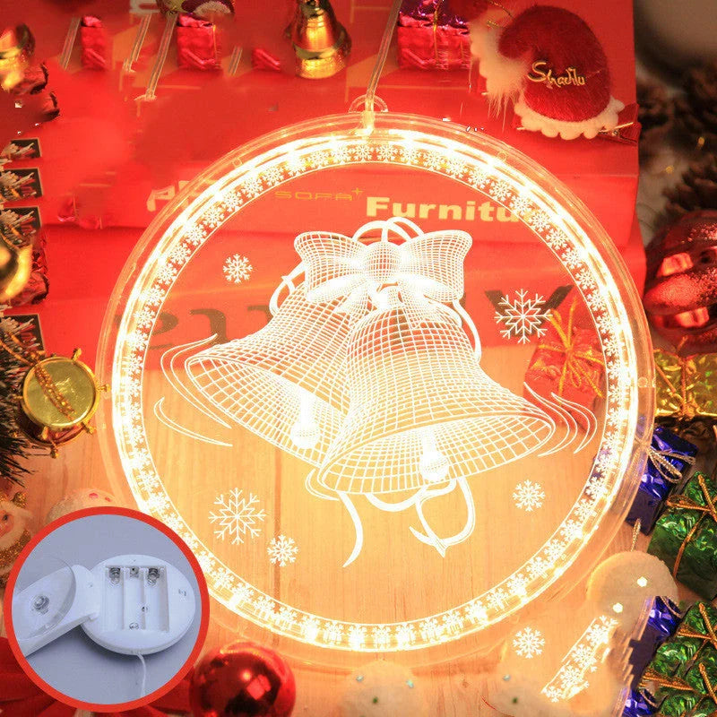 Elegant 3D hanging Christmas lamp with various festive designs, including bells, snowflakes, and Christmas trees.