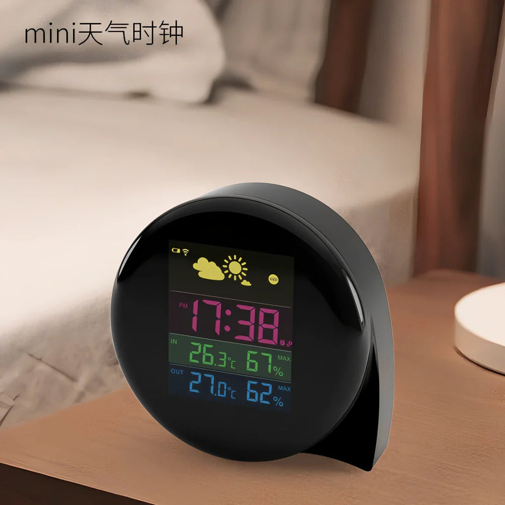 Smart weather forecast clock showing temperature, humidity, and weather conditions with wireless outdoor sensor
