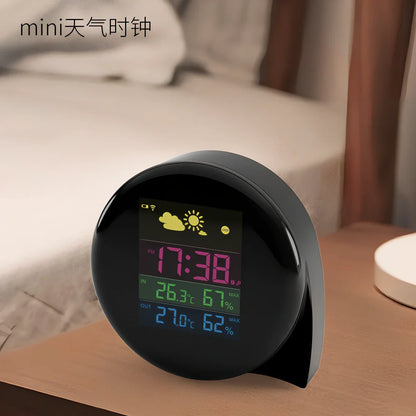 Smart weather forecast clock showing temperature, humidity, and weather conditions with wireless outdoor sensor