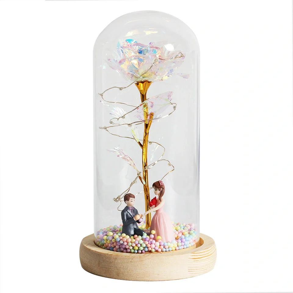 Enchanted Forever Rose in Glass LED Light Christmas Decoration with wooden base