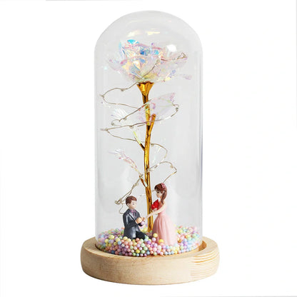 Enchanted Forever Rose in Glass LED Light Christmas Decoration with wooden base