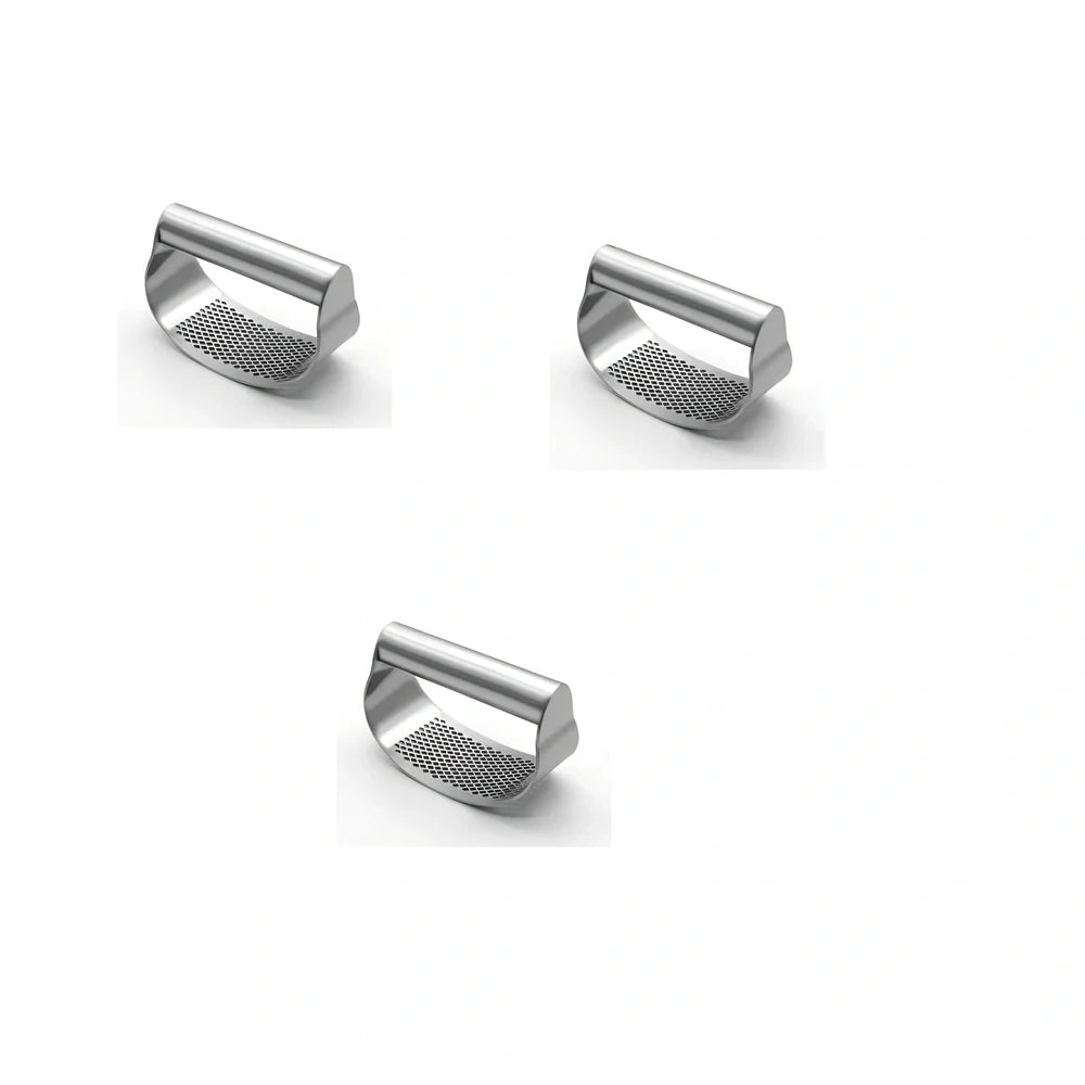 Stainless steel garlic press with uniform mincing holes measuring 10.5cm in length