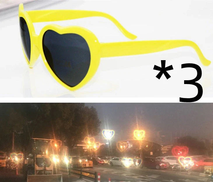 Stylish heart-shaped lighting sunglasses with a plastic frame and resin lenses, creating a mesmerizing effect for romantic occasions