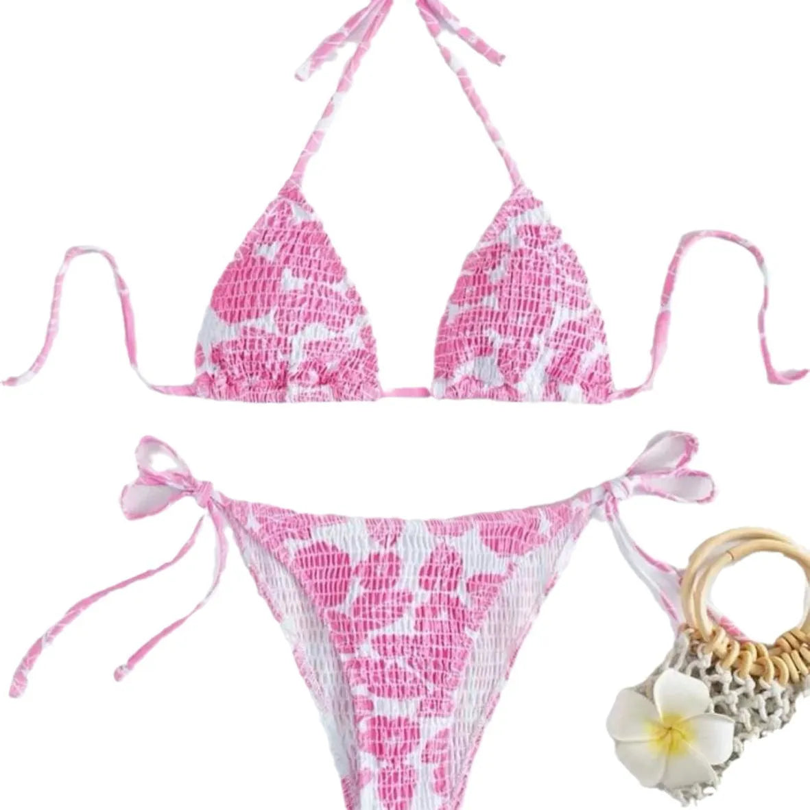 Women's floral halter neck swimsuit set in polyester fabric showing bra top and briefs