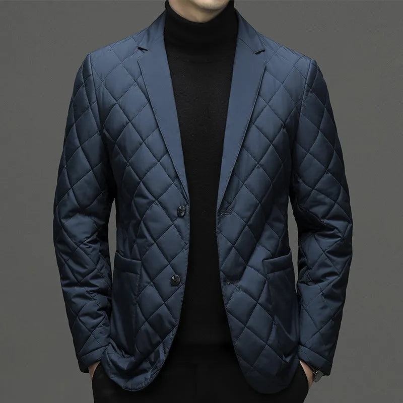 Men's lapel down jacket in black, shrimp blue, or dark grey with side seam pockets for winter wear