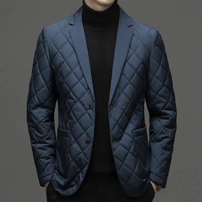 Men's lapel down jacket in black, shrimp blue, or dark grey with side seam pockets for winter wear