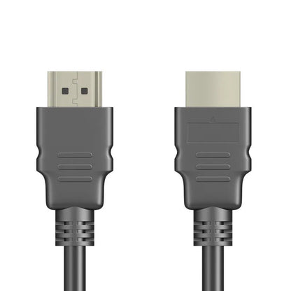 Black HDMI cable with nickel-plated connectors, shown coiled, for connecting set-top box to TV.