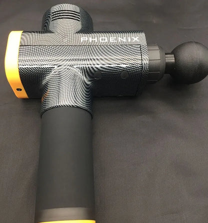 Black fascia massage gun with four interchangeable heads for deep tissue treatment measuring 29x28x28cm