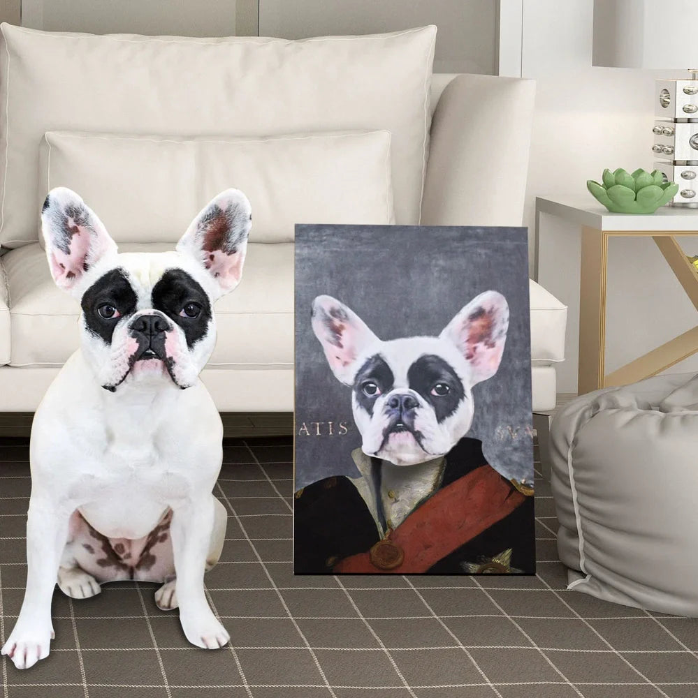 Personalised pet canvas portrait showing Renaissance-style transformation with frameless mounting