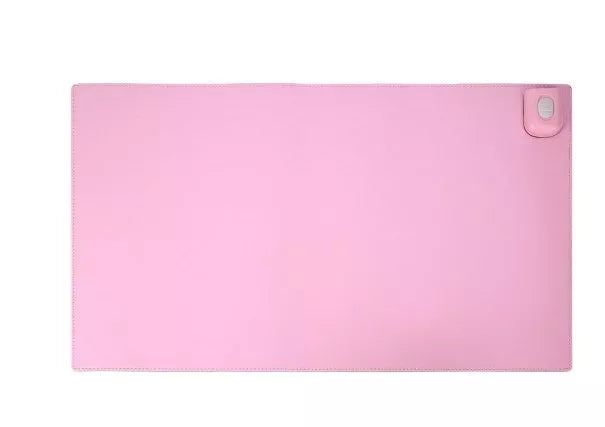 Two-stage Heating Desk Pad in black or pink, featuring quick warmth and waterproof design