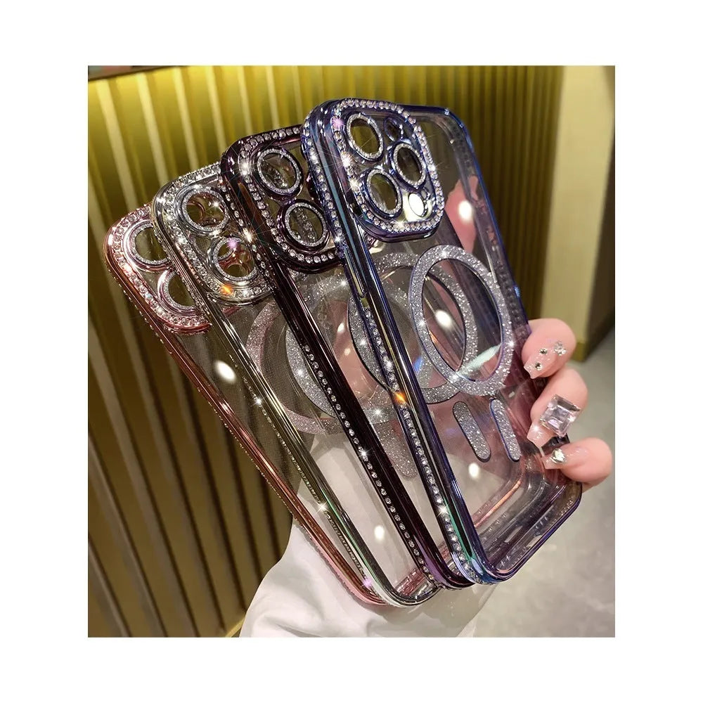 Wireless magnetic iPhone case with soft silicone edges and electroplated finish in deep purple colour
