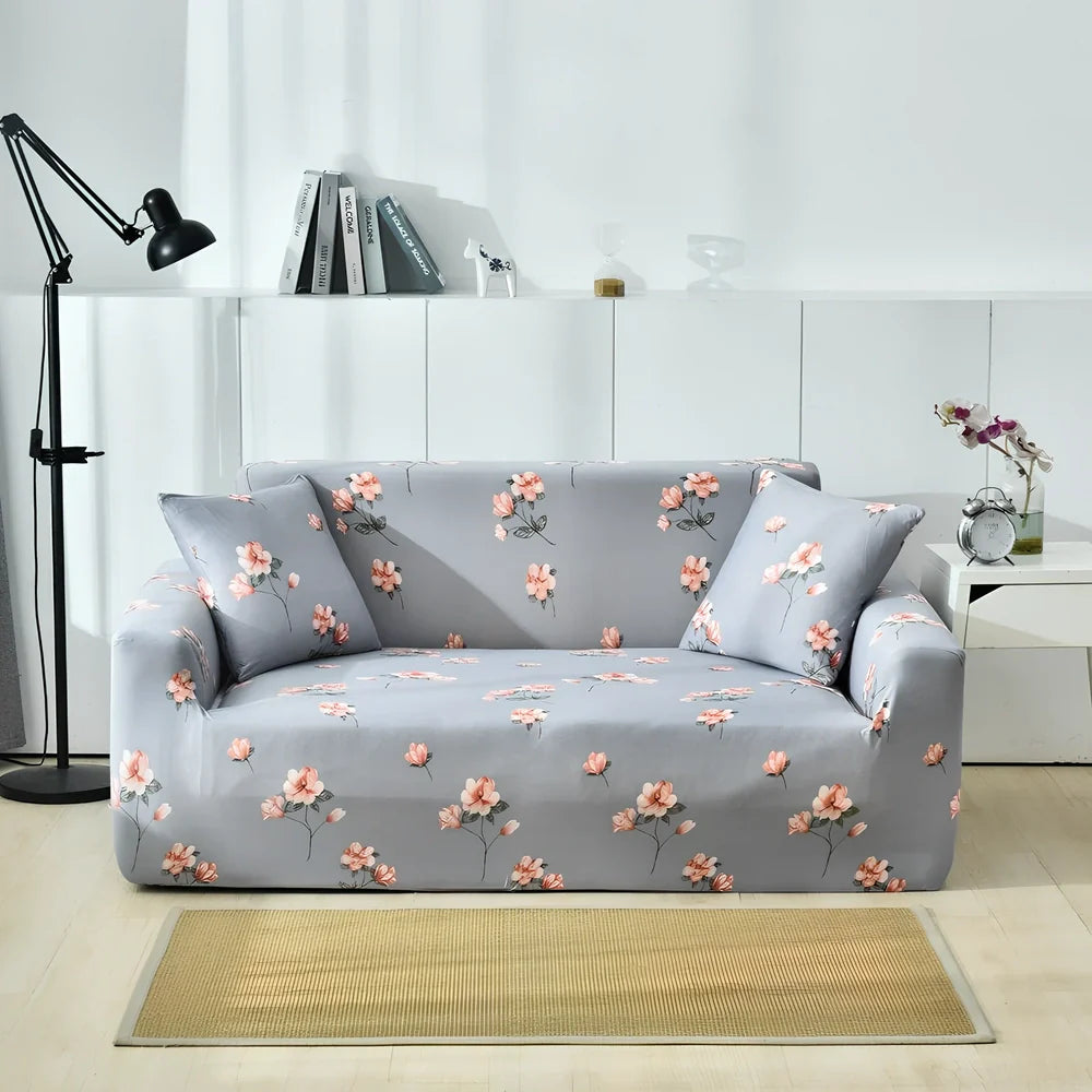 Elastic sofa cover with stripe pattern stretched over 3-seat sofa in living room setting