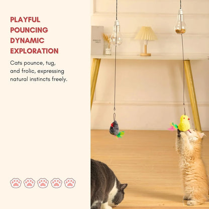 Grey and yellow interactive cat toy hanging on door frame with retractable elastic rope and treat dispenser