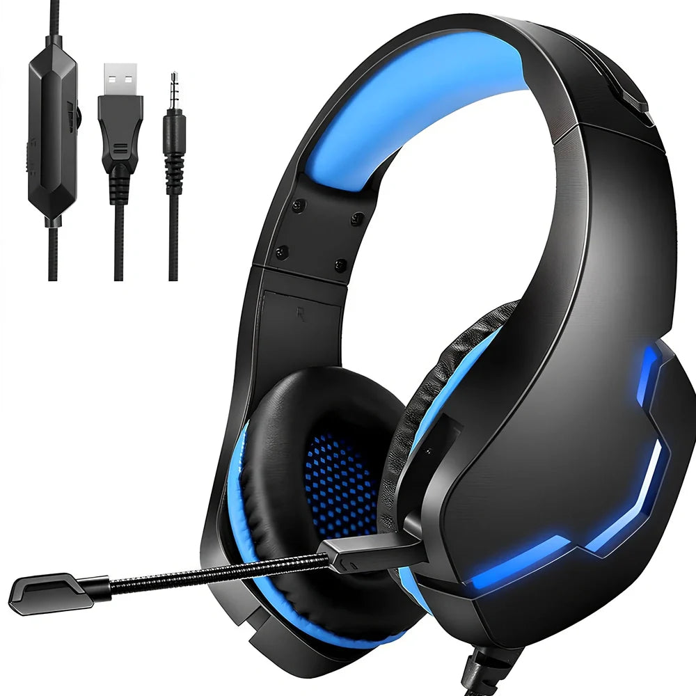 Blue J10 3.5mm wired gaming headset with LED lights, noise-canceling mic, and adjustable headband for PC use, 170x90x210mm size