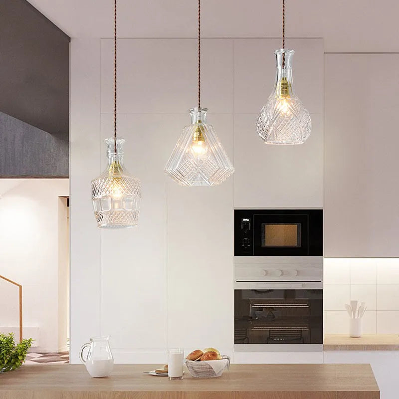 Glass bottle chandelier with adjustable 1.2m height, 150mm glass body, fishing line shape and 220V button switch