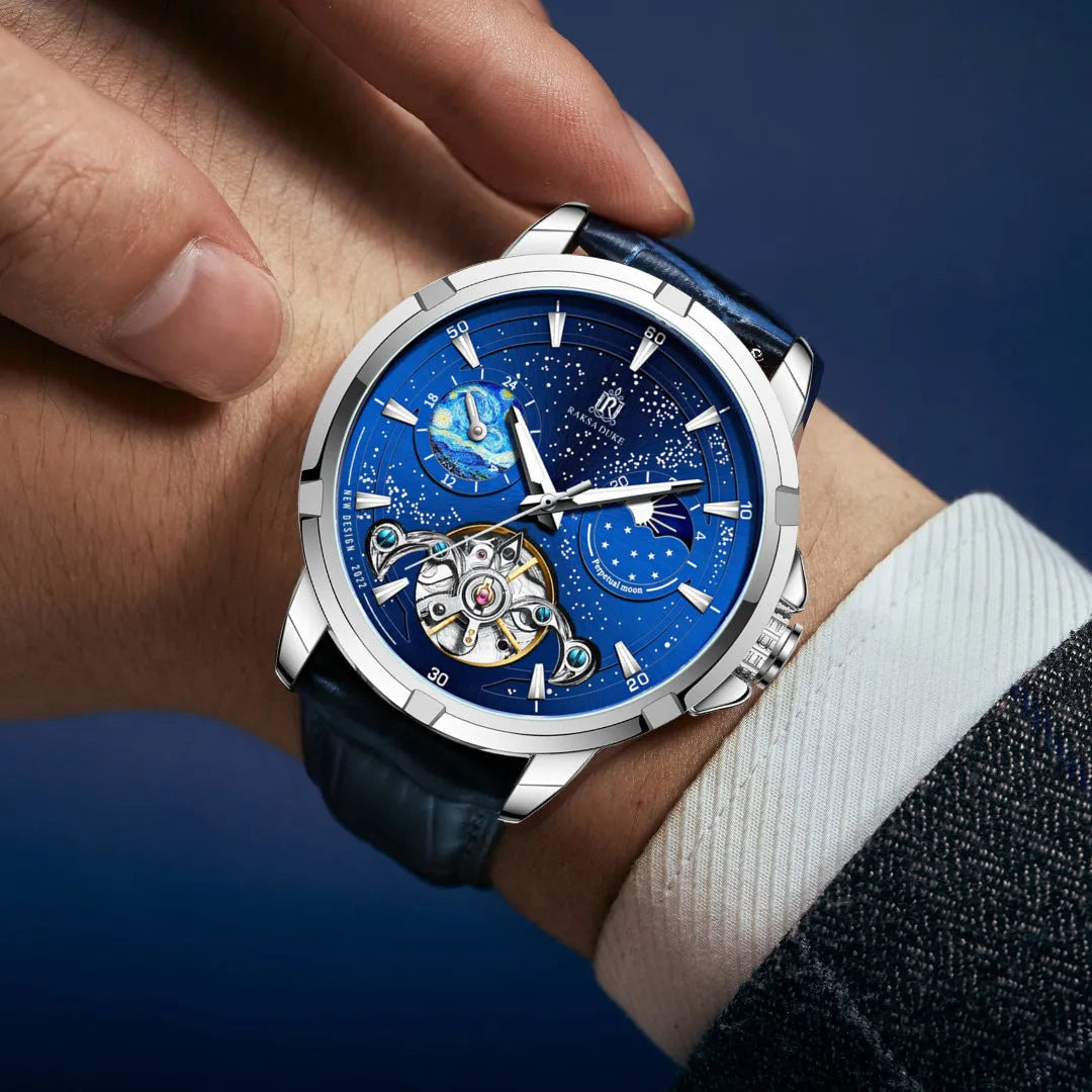 Men's automatic mechanical watch with blue dial and stainless steel bracelet, showing 14mm case thickness