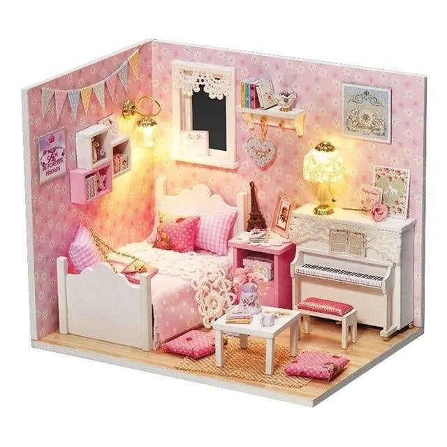 Miniature wooden doll house DIY kit with furniture and accessories, Style A or B