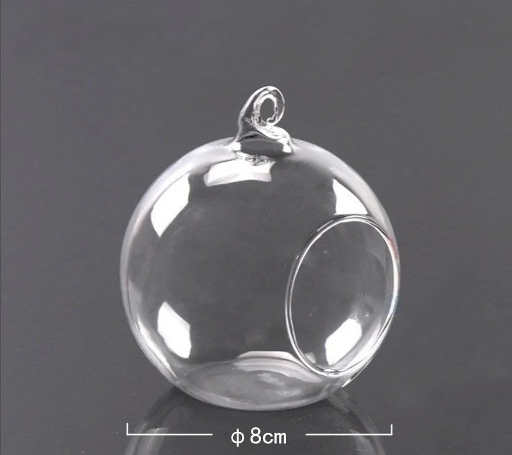 Transparent hand-blown glass vase container with flat bottom and hanging capability in four sizes