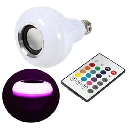 White E27 Bluetooth smart LED bulb with built-in speaker and remote control for colour-changing lighting.