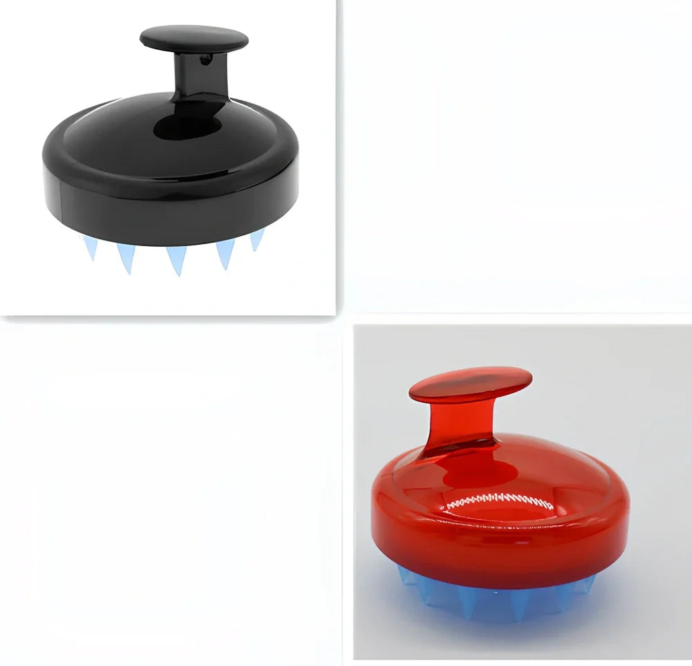 Black silicone shampoo brush with hook design measuring 8x8x7cm for scalp massage during hair washing