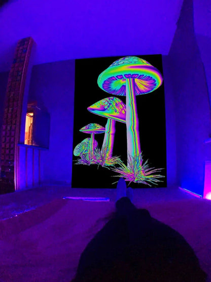 Fluorescent tapestry with psychedelic mushroom pattern glowing under UV light, measuring 150x130cm