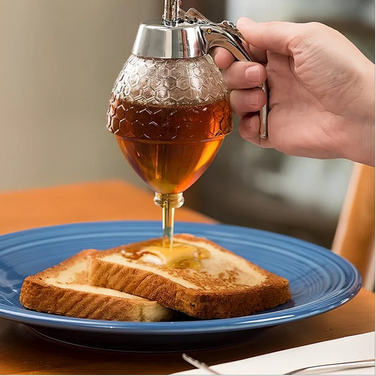 Transparent kitchen honey dispenser showing 200ml capacity with measurements 8.3x10x15cm