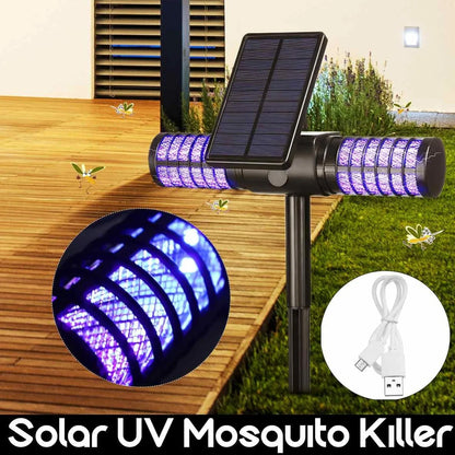 Black outdoor mosquito killer lamp with solar panel and UV LED lights for garden insect control
