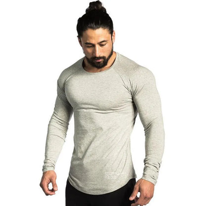 Men's long sleeve cotton fitness T-shirt in black, grey, khaki and white, sizes M to 2XL with size chart