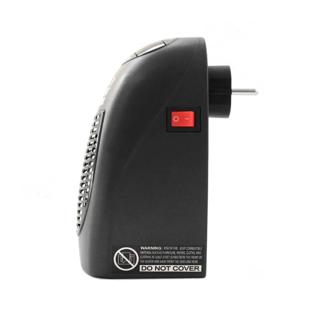 Black compact electric heater with digital display and rotating plug, measuring 8x7x16cm