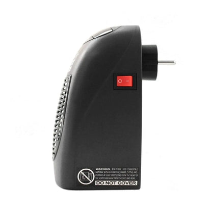 Black compact electric heater with digital display and rotating plug, measuring 8x7x16cm