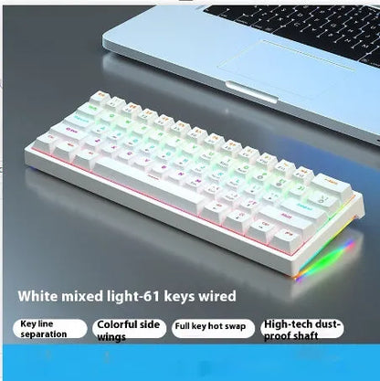 Small white 61-key mechanical keyboard with hot-swappable sockets and a black USB cable.