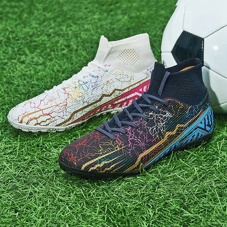 Youth High-Top Spike Turf Soccer Shoes in various colors for enhanced grip and comfort on the field.