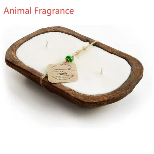 Retro wooden basin containing a lavender-scented soy wax candle with three visible wicks.