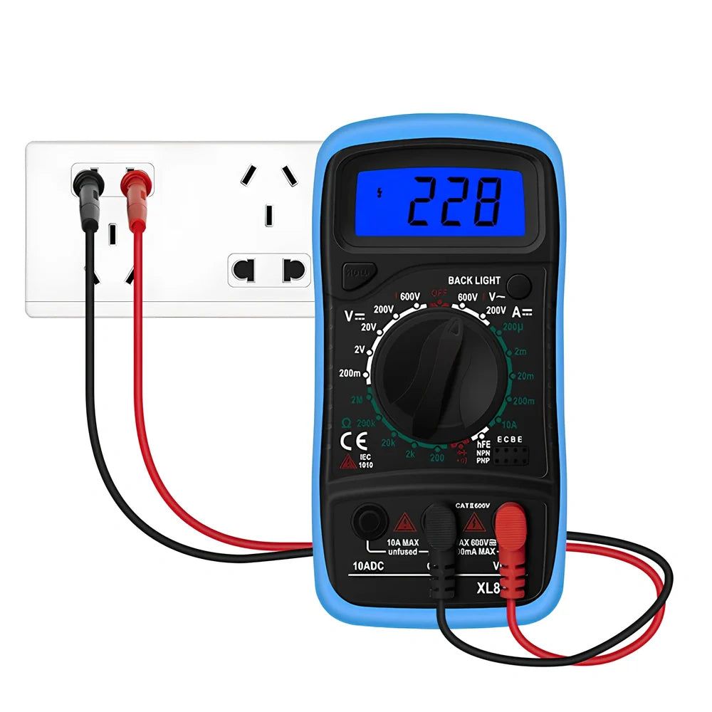 Digital multimeter with black and yellow housing showing 45x20mm LCD display for electrical measurements