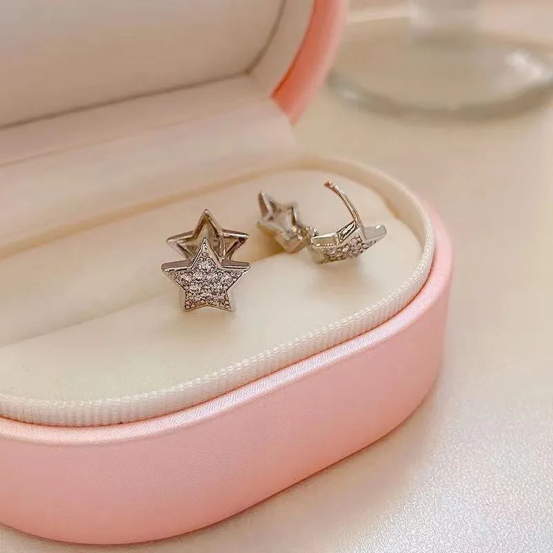 Star Zircon Earrings for Women in White with Copper Geometric Shape and Electroplated Finish, One Pair for Parties and Everyday Wear