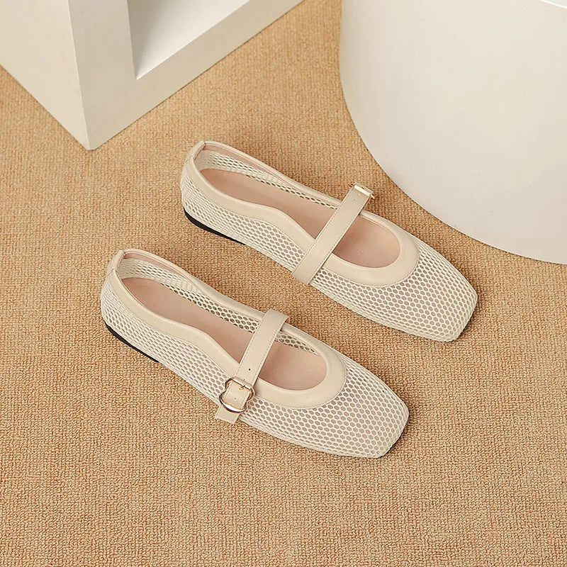 Women's beige mesh summer pump with square toe, flat heel, and buckle closure on a white background.