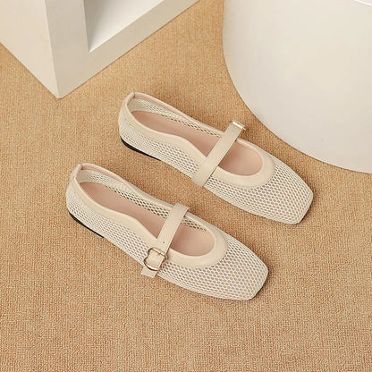 Women's beige mesh summer pump with square toe, flat heel, and buckle closure on a white background.