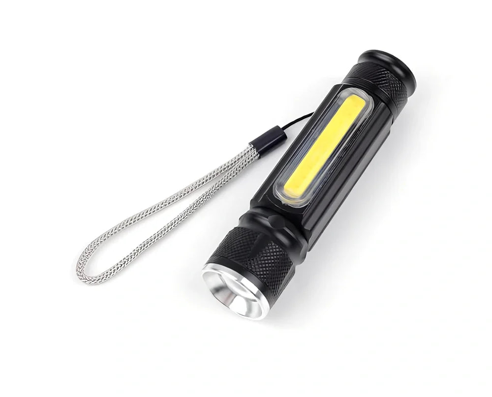 Black Soringrad rechargeable flashlight with magnet base, T6+COB lights, 18650 battery, 200m range for hiking and camping